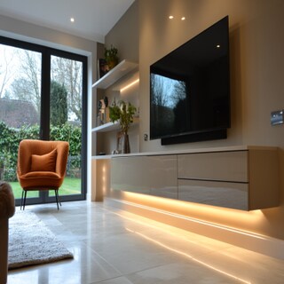 Contemporary TV Unit Design with Wall-Mounted Drawer and Open Shelf