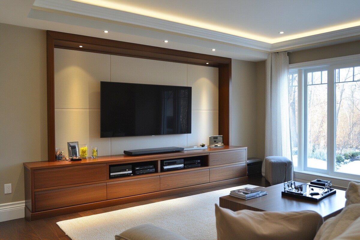 Modern TV Unit Design with Suede Laminate Finish and Storage Units