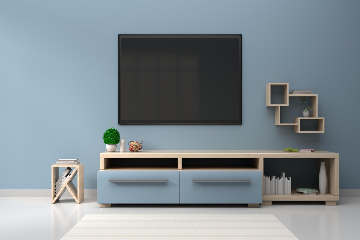 Industrial TV Unit Design in Blue and Brown