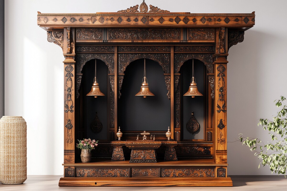 Modern Floor-Mounted Mandir Design With Hanging Bells