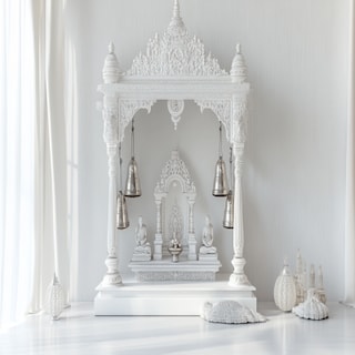 Modern All White Mandir Design With Hanging Bells