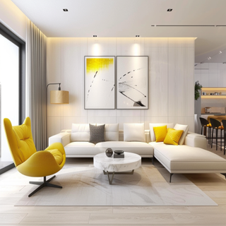 Modern Living Room Design With Off-White L-Shaped Sectional Sofa And Yellow Accent Chairs