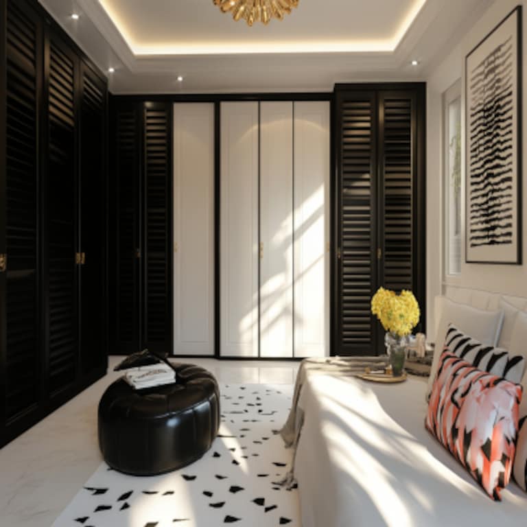 Contemporary 8 Door Swing Wardrobe Design With Glossy White And Black Shutters