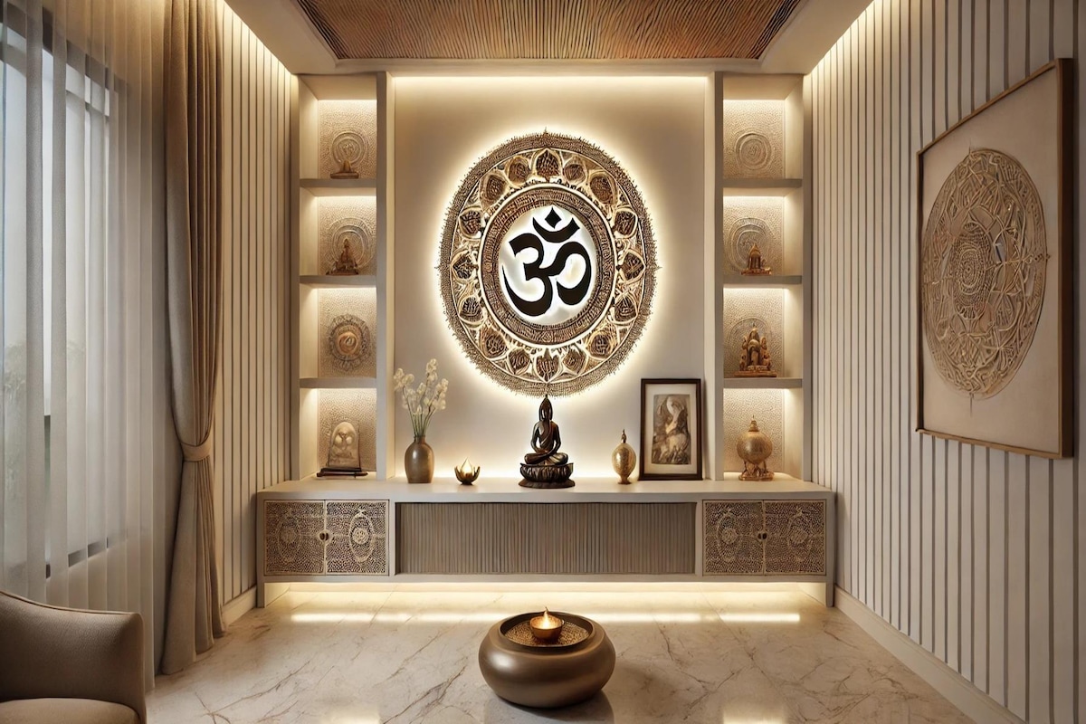 Modern Pooja Room Design with OM Mandala Wall