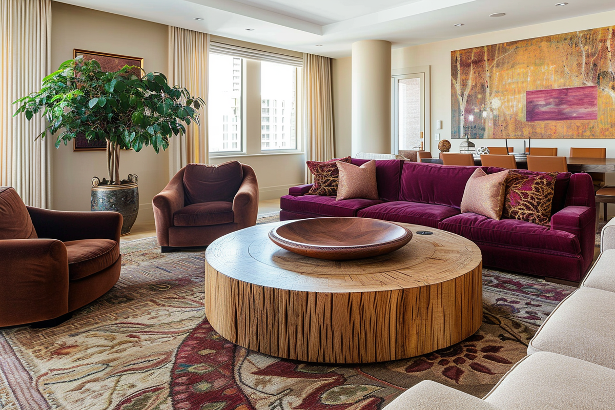 Bohemian Maroon And Beige Living Room Design With Round Wooden Coffee Table