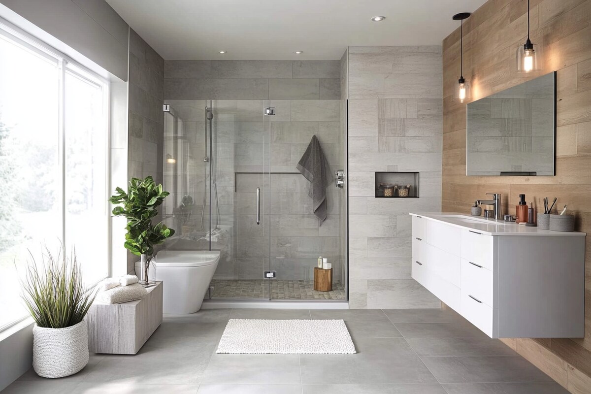 Contemporary White And Grey Bathroom Design With Glass Partition