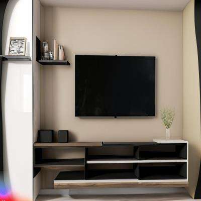 Modern TV Unit Design in Light Beige and Black Laminate