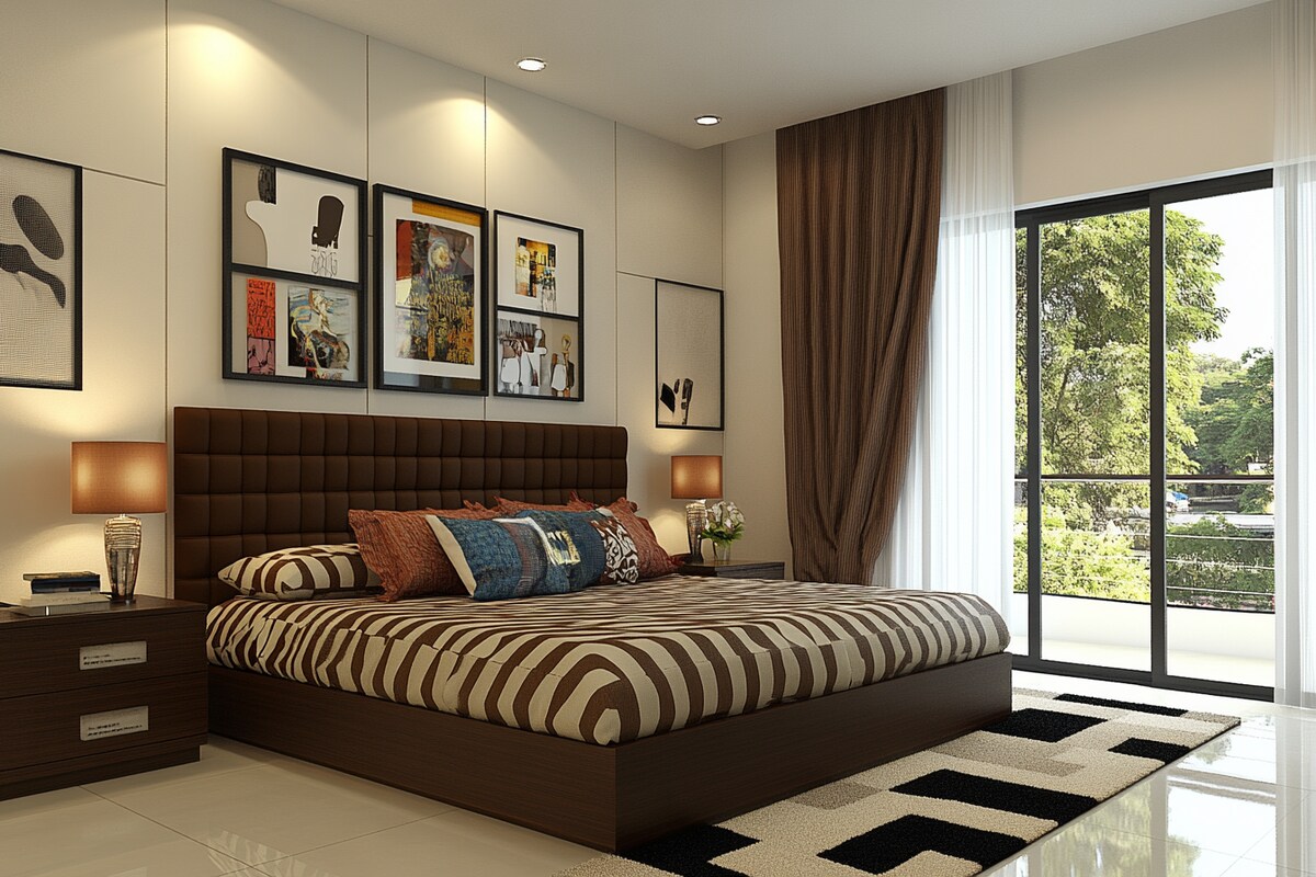 Modern Master Bedroom Design With Brown Chequered Headboard