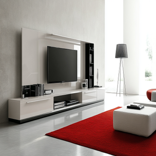 Modern High-Gloss TV Unit Design With Drawers and Open Rack