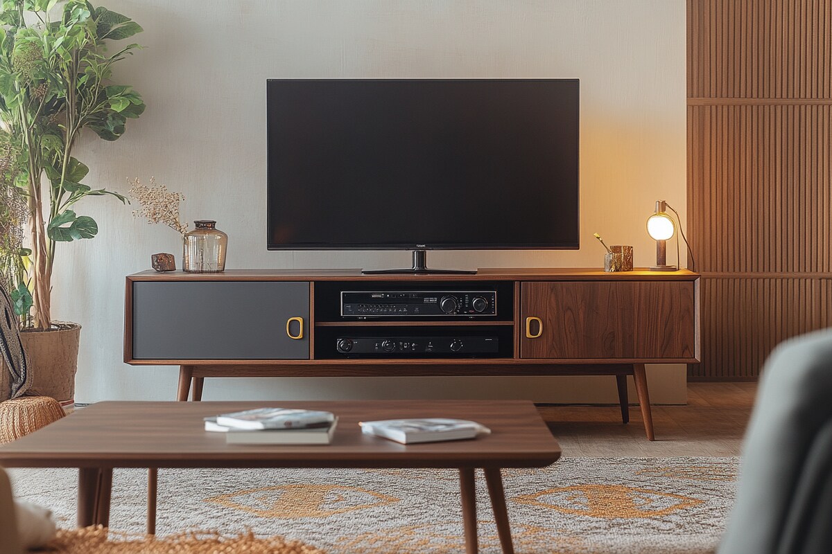 Mid-Century Modern TV Unit Design in Smoke Grey and Canadian Walnut Mid-Century Modern TV Unit Design in Smoke Grey and Canadian Walnut
