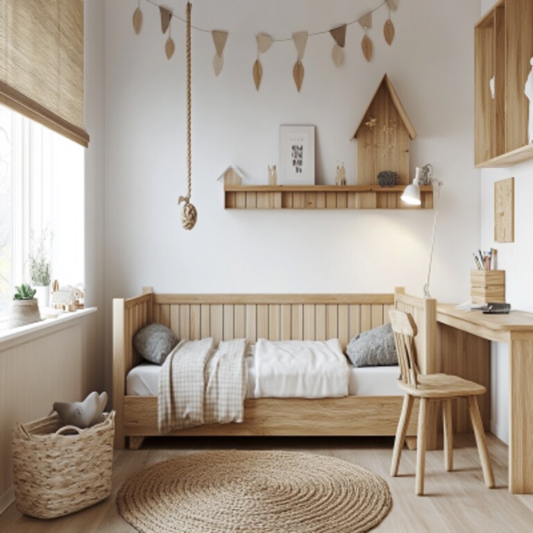 Scandinavian Kids Bedroom Design With Wooden Bed and Study Table