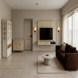 Medium Contemporary Beige Living Room Design with Floating TV Unit