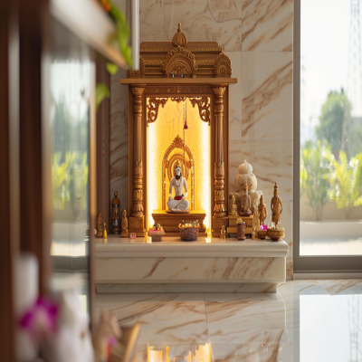 Traditional Pooja Mandir Design With A Marble Countertop