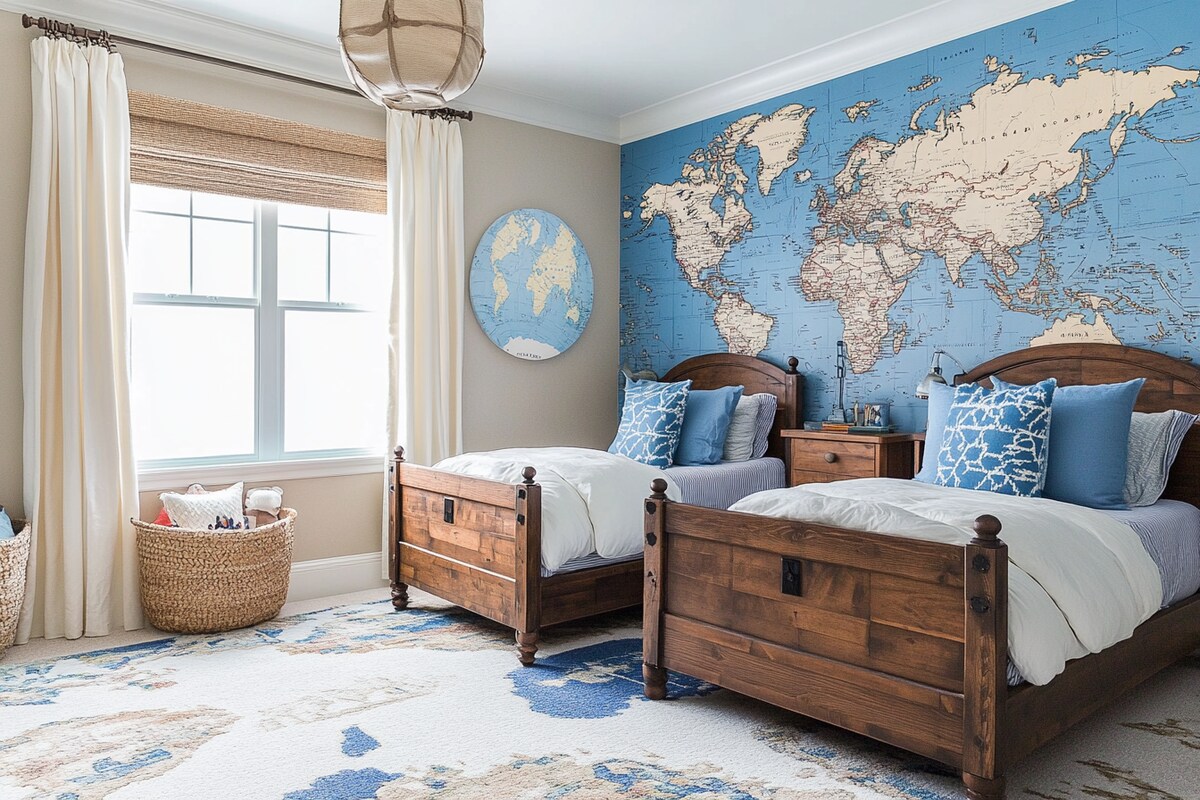 Modern Kids Bedroom Design With Wooden Bed And World Map Wallpaper