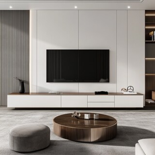 Minimal TV Unit Design in Frosty White with Walnut Bronze Accents