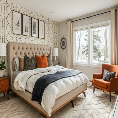 Modern Bedroom Design With Geometric White And Brown Weave-Patterned Wallpaper