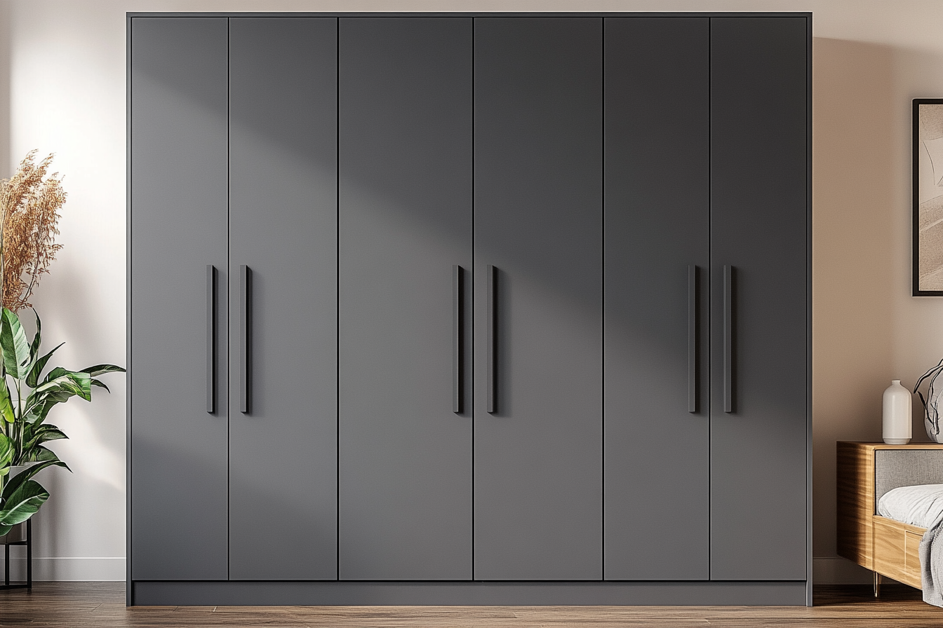 Modern Door Swing Wardrobe Design In Smoke Grey Tones