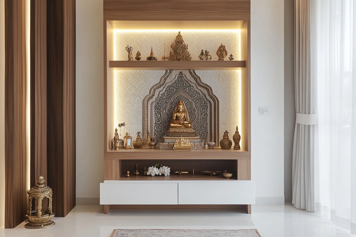 Eclectic Pooja Unit Design with White and Wooden Accents