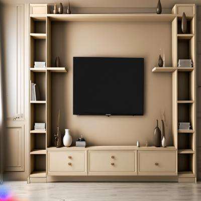 Spacious Beige TV Cabinet Design with Floor-to-Ceiling Shelves