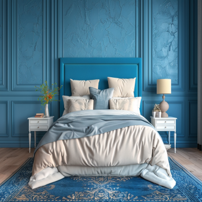 Classic Master Bedroom Design With Textured Bright Blue Accent Wall