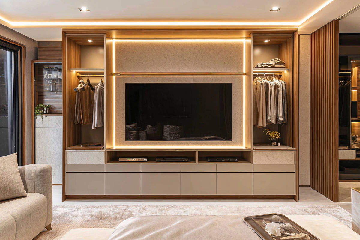 Contemporary Champagne-Toned TV Unit Design With Integrated Dressing Unit