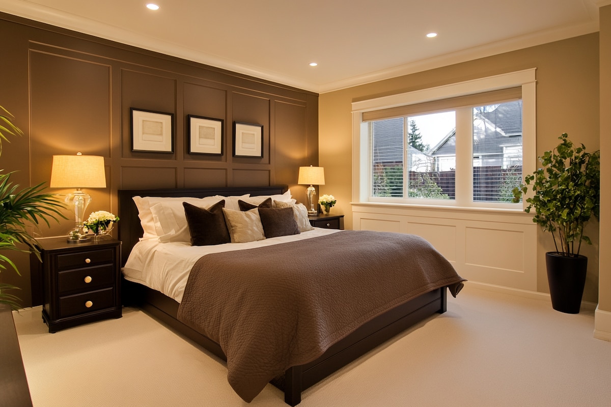 Contemporary Master Bedroom Design With Beige And Brown Accent Wall And Fluted Panelling