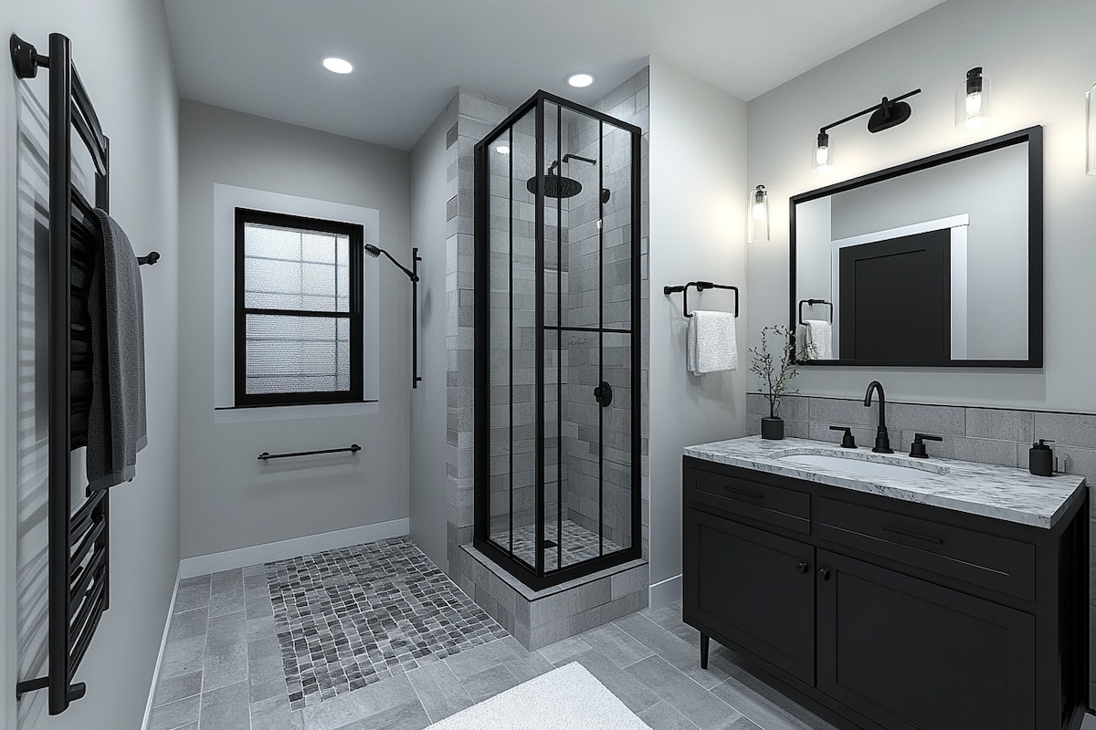 Modern Black And Grey Small Bathroom Ideas With Black-Framed Partition