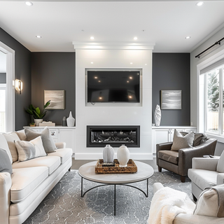 Contemporary Living Room Design With White And Grey Dual Toned Accent Wall