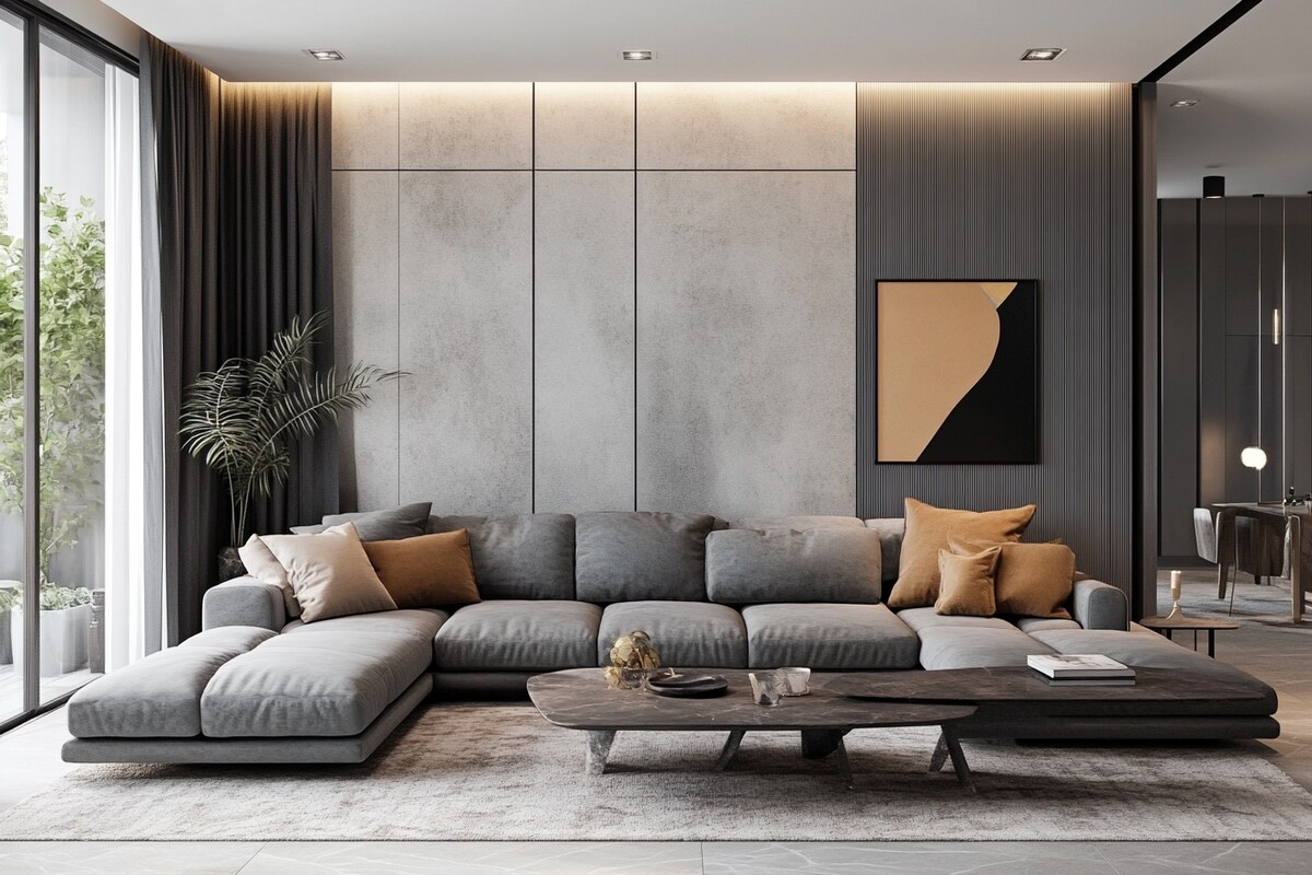 Modern Living Room Design With Grey Sectional Sofa And Accent Wall