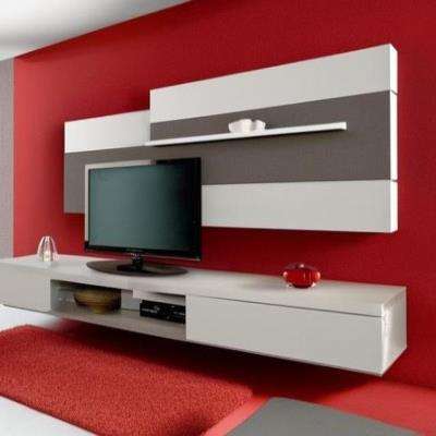 Modern TV Unit Design in Beige and Grey Laminate with Red Wall