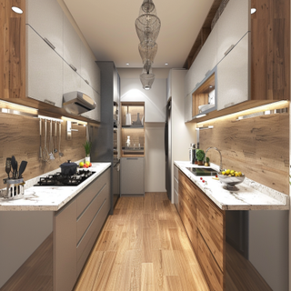 Modern Modular Parallel Kitchen Design With Wood And Smoke Grey Cabinets