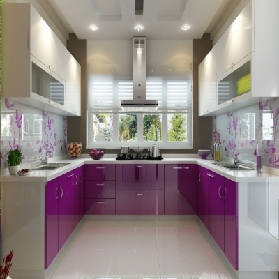 Contemporary Purple And White U-Shaped Kitchen Cabinet Design