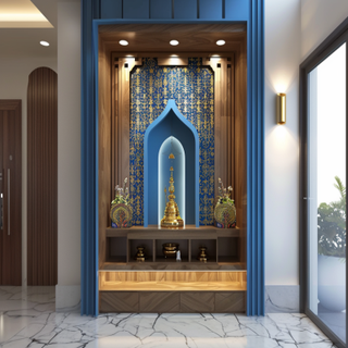 Modern Blue And Wood Wall Mounted Pooja Room Design