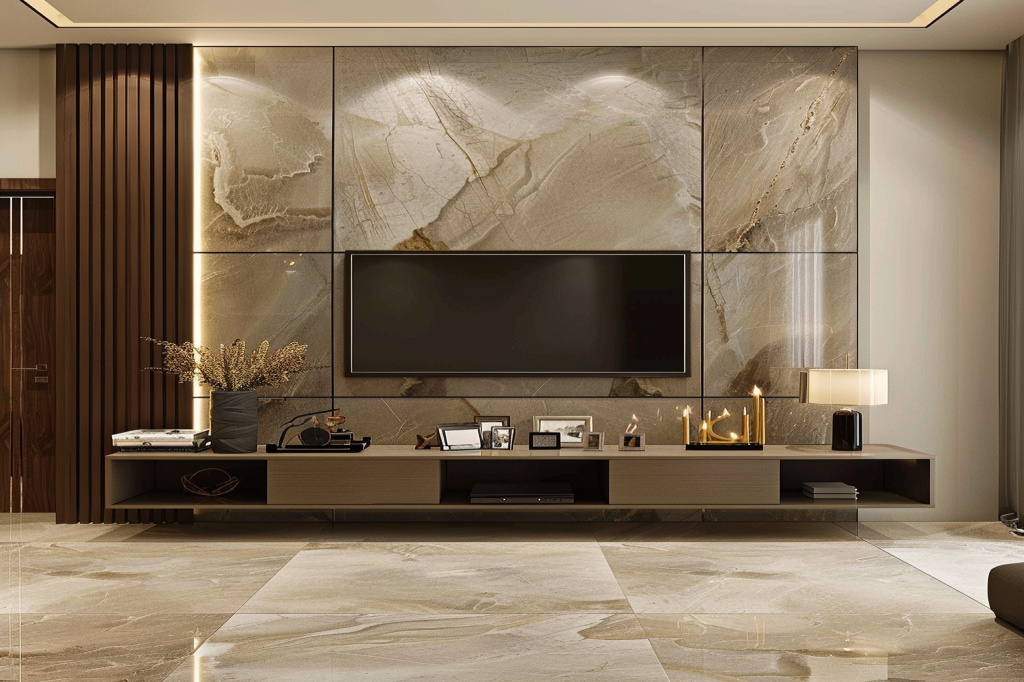 Contemporary Sand Satin TV Unit Design With Dark Brown Wall Panel