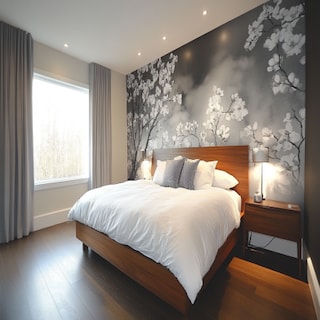 Modern Bedroom Wall Design With Grey And White Floral Wallpaper