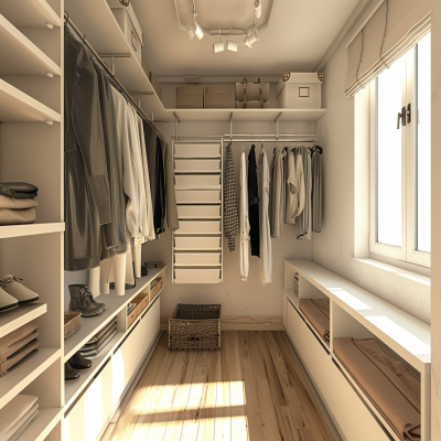 Modern Off-White L-shaped Open Walk-In Wardrobe Design