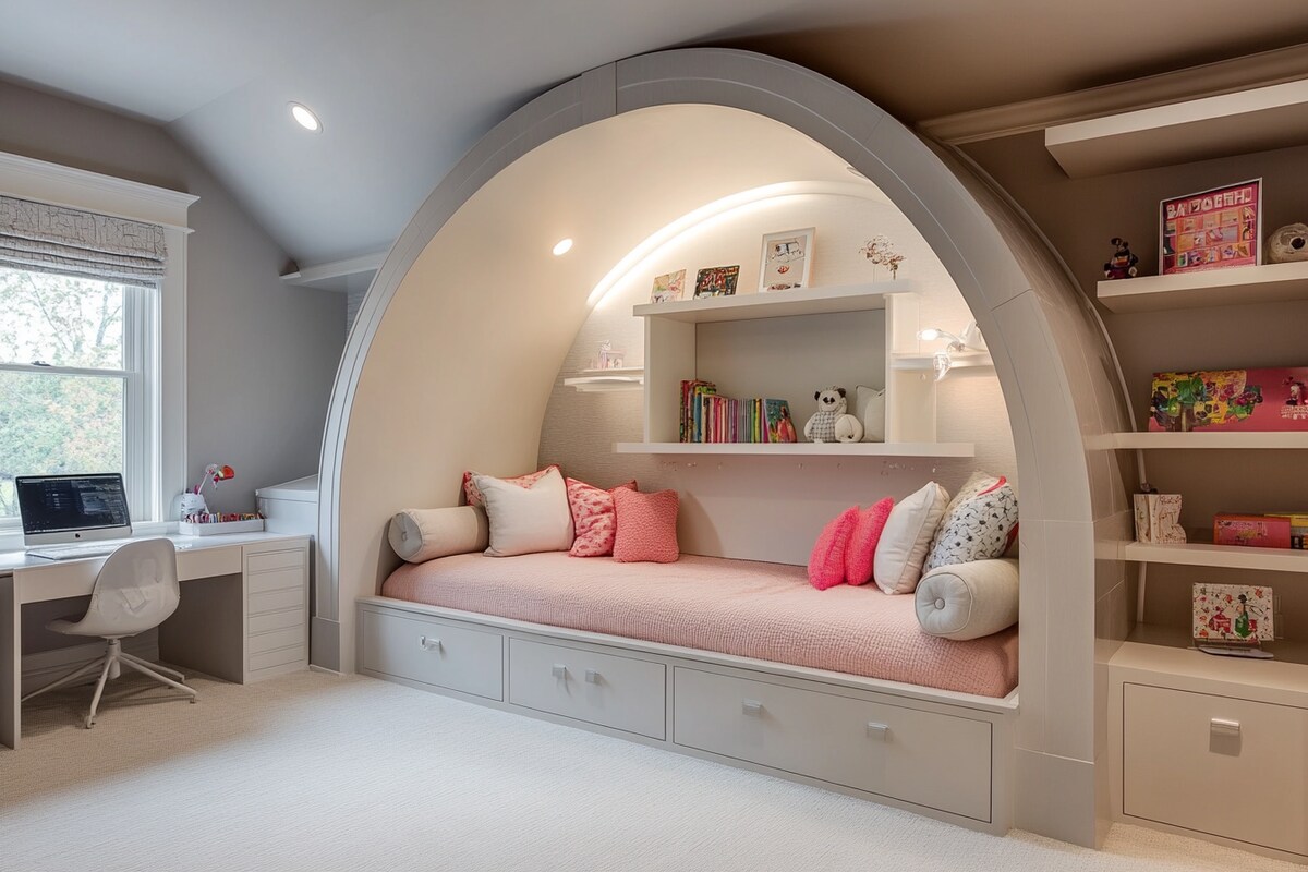 Modern Kids Bedroom Design With Arched Headboard Bed and Study Space