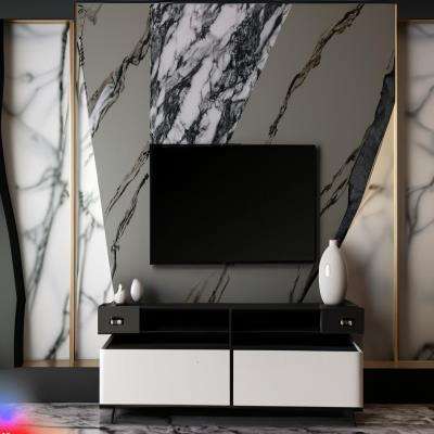 Modern TV Unit Design in Black with a Marble Backdrop