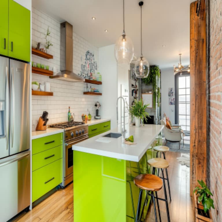 Modern Green And White Modular Open Kitchen Design With Glossy White Dado Tiles