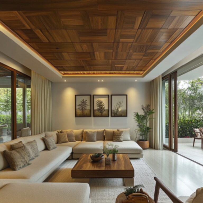 Contemporary Wooden L-Shaped Ceiling Design For Living Room