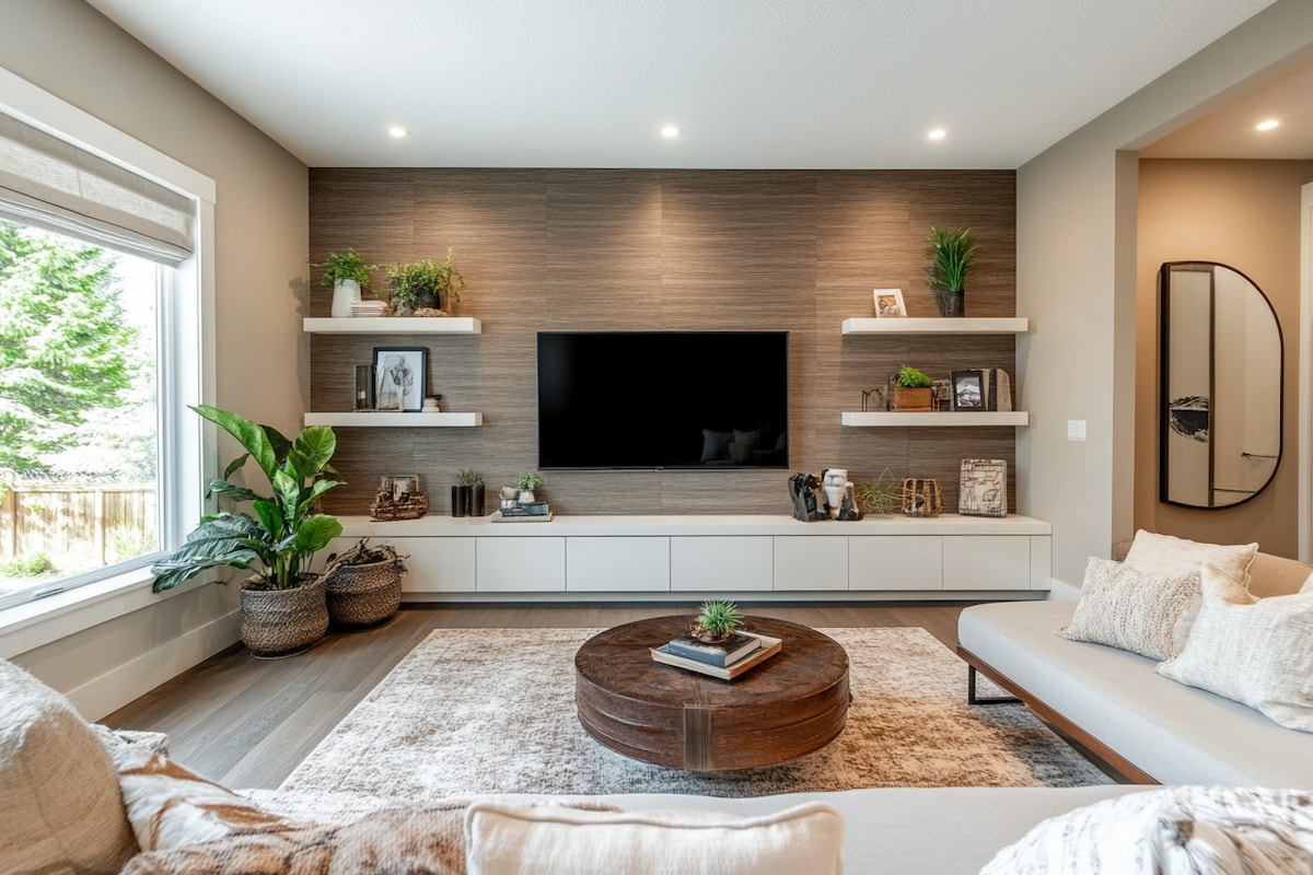 Contemporary Spacious Wood and White TV Unit Design with Marble Back Panel