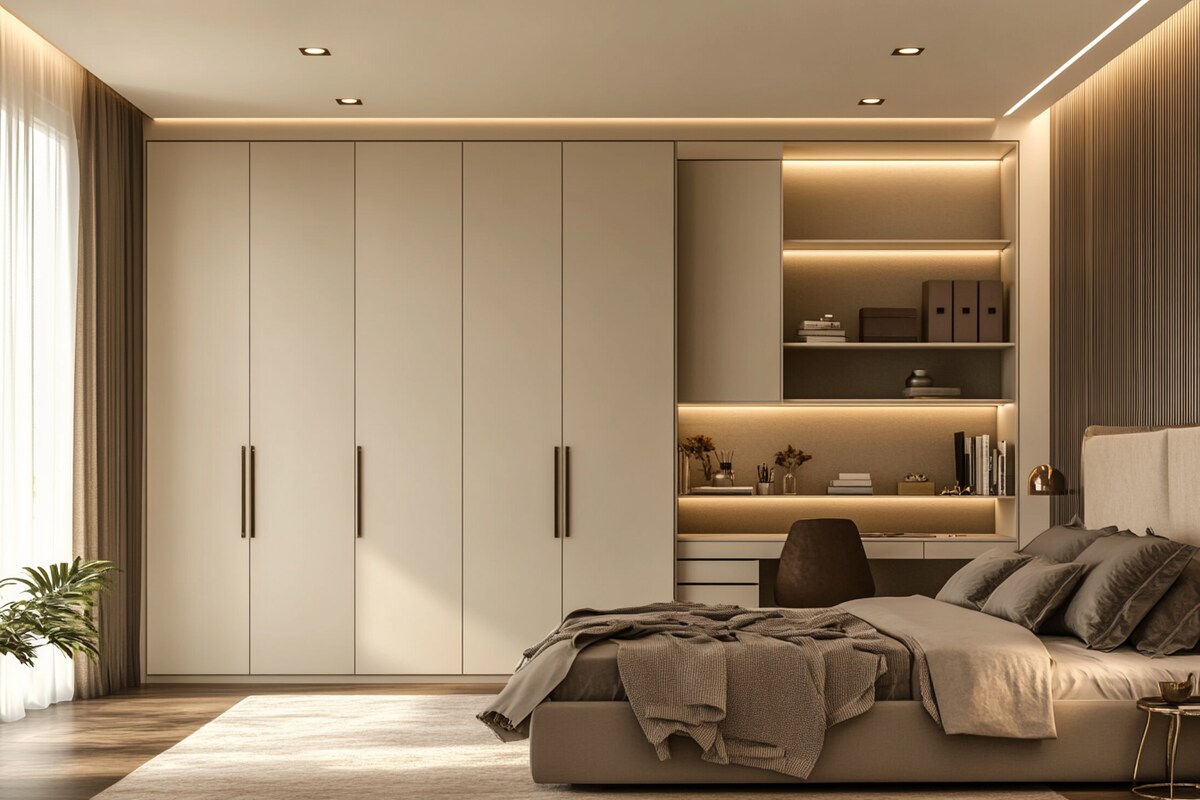 6-Door Contemporary Swing Wardrobe Design with Study in Cream Finish