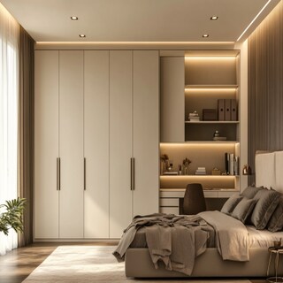 6-Door Contemporary Swing Wardrobe Design with Study in Cream Finish