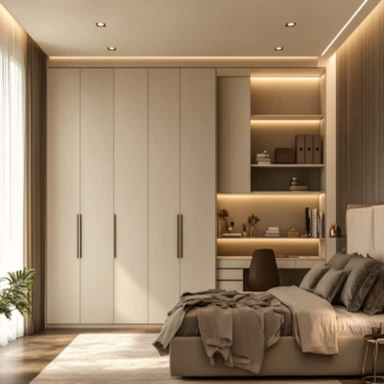 6-Door Contemporary Swing Wardrobe Design with Study in Cream Finish