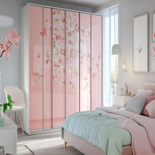 6-Door Printed Panel Swing Wardrobe Design With Blush Pink Finish