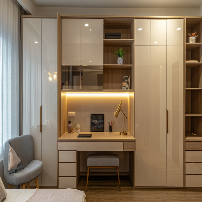 Minimal Champagne-Toned 4-Door Swing Wardrobe Design With Open Shelves Unit And Integrated Study Table