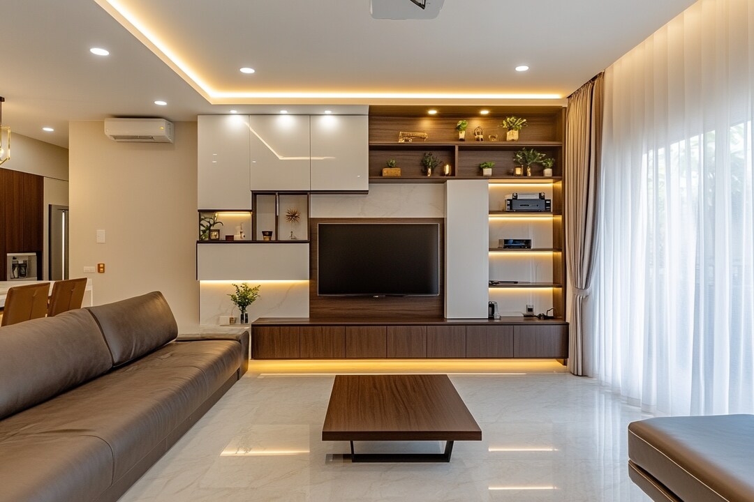 Modern Brown and White TV Unit Design with Open Wall-Mounted Storage