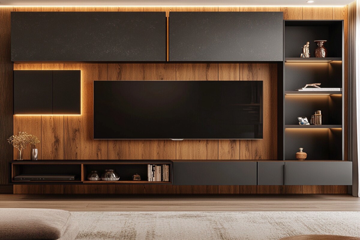 Contemporary Wall-Mounted TV Unit Design with Wood Backpanel