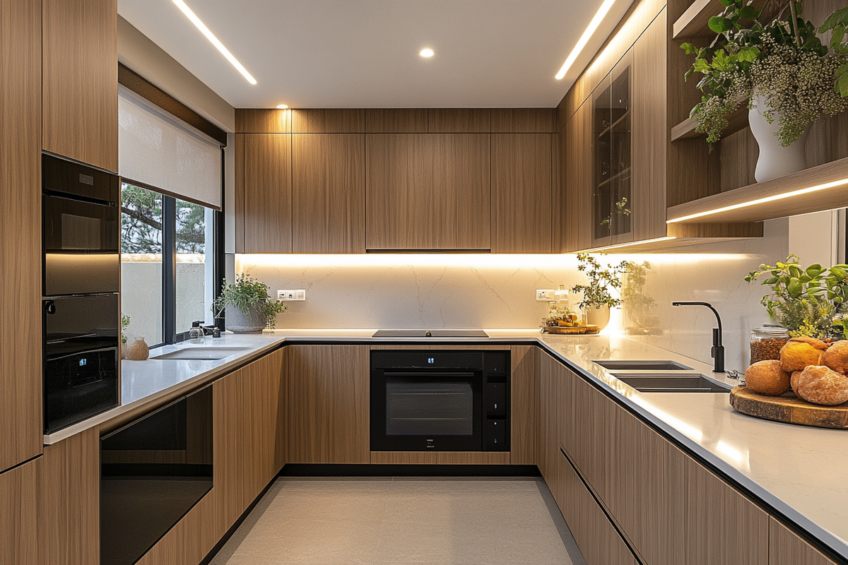 Modern U Shaped Kitchen Design with Black Gola Profile Handle