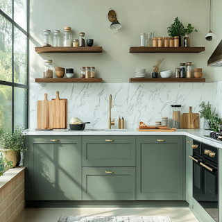 Contemporary Straight Kitchen Design with Marble Countertops and Storage